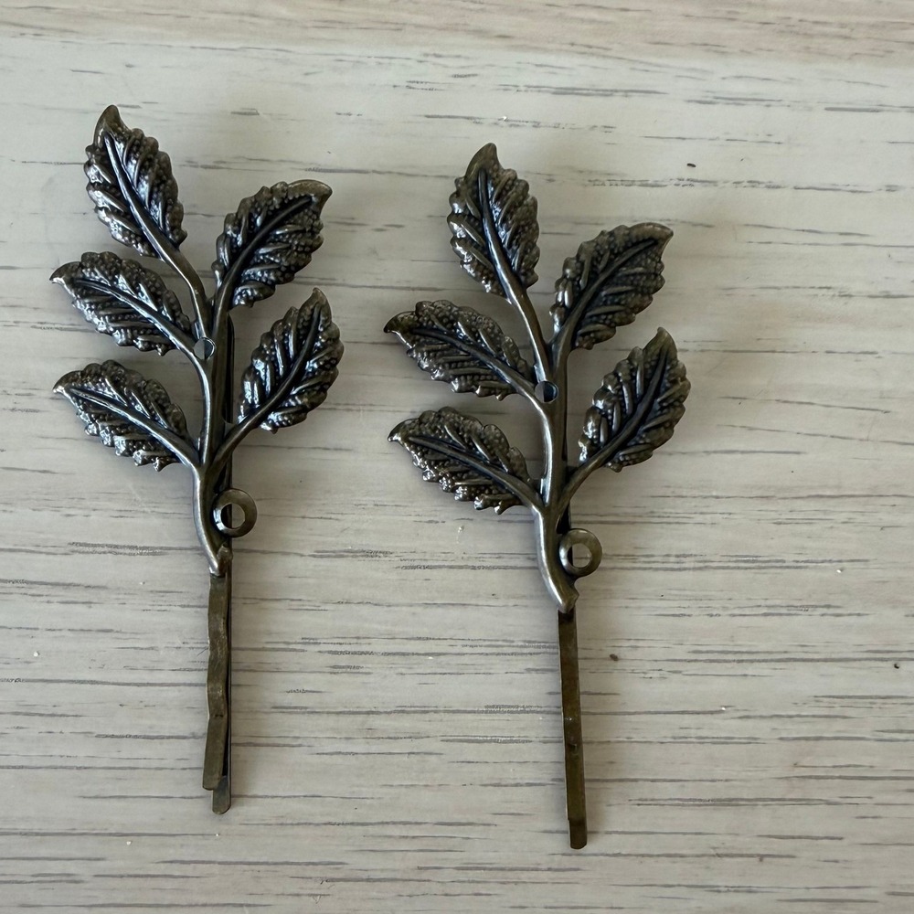 Antique Bronze Leaf Bobby Pins Set of 2 Nature Branch Hair Slides Vintage Style